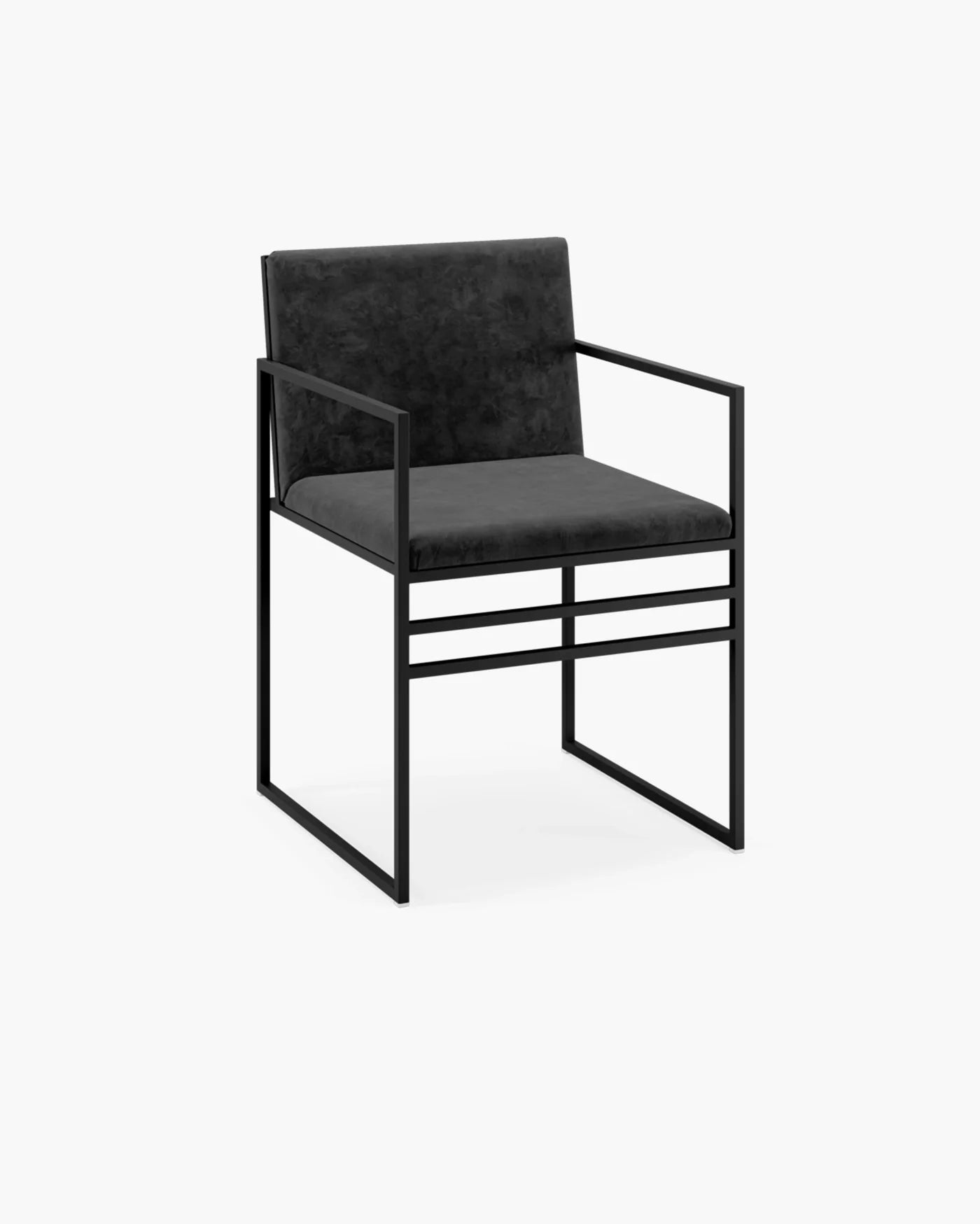 Sella dining chair in black velvet with sleek black metal frame, perfect for elevating dining room style and comfort.